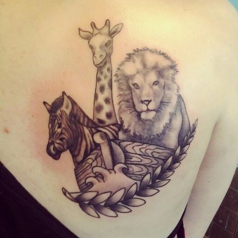 Original Madagascar inspired Noah's ark. Lion, zebra, giraffe Noah's Ark Tattoo, Noah's Ark Drawing, Mother And Daughter Tatoos, Gemini Tattoo, Best Tattoo Ideas, Noah S Ark, Top Ideas, Noah's Ark, Ink Ideas