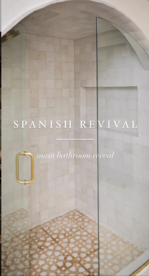 Continuous Floor And Shower Tile, Timeless Spa Bathroom, Mediterranean Master Bath Ideas, French Bathroom Tile, Arch In Bathroom, Saltillo Backsplash, Modern Hacienda Bathroom, Mediterranean Tile Bathroom, Zero Entry Shower Master Bath