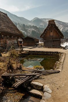 Shirakawa-go, Japan. Located in a mountainous region that was cut off from the rest of the world for a long period of time, these villages with their Gassho-style houses subsisted on the cultivation of mulberry trees and the rearing of silkworms. The large houses with their steeply pitched thatched roofs are the only examples of their kind in Japan. Shirakawa Go, All About Japan, Asian Architecture, Lego Architecture, House Architecture, Japanese Architecture, Japanese House, Japan Travel, Historical Sites