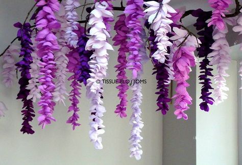 Tissue paper wisteria Paper Wisteria, Tissue Paper Crafts, Tissue Flowers, Fleurs Diy, Crepe Paper Flowers, Paper Flower Backdrop, Paper Flowers Craft, Tissue Paper Flowers, Hanging Flowers