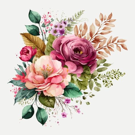 Floral Bouquet Illustration, Bouquet Illustration, Watercolor Bouquet, Flower Art Images, Floral Image, Digital Flowers, Watercolor Inspiration, Watercolor Rose, Bunch Of Flowers