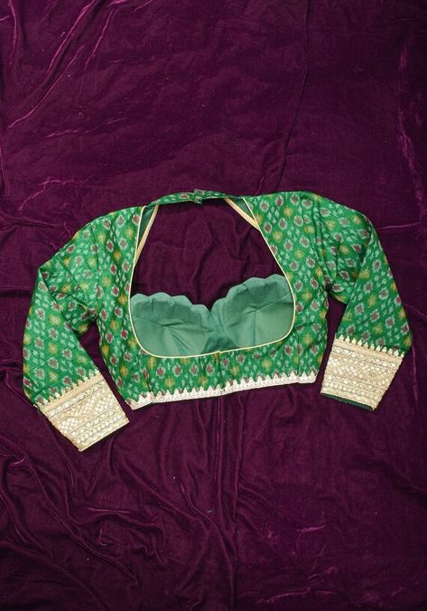 Buy Made to Order: Emerald Green Pure Raw Silk Ikkat Weave Blouse With Scallop Neck and Long Sleeve With Gotta Patti Detailing Online in India - Etsy Gotta Patti, Sari Blouse Designs, New Blouse Designs, Hand Work Blouse, Unique Blouse Designs, Saree Blouse Designs Latest, Hand Work Blouse Design, Embroidered Blouse Designs, Stylish Blouse Design