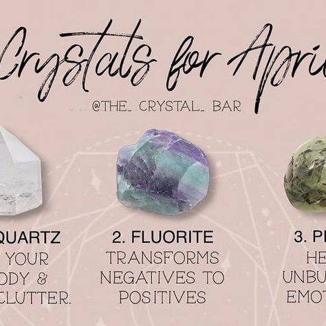 T H E C R Y S T A L B A R ☾© on Instagram: "💚🌸🌱🌿🌳🌼🌞🍃 As we head towards Easter and mid April, the Spring season gets into full swing. Full of fresh starts and opportunities our personal and spiritual crystal needs can change. These are 6 of our favourite crystals for April, although we have many more and would love to hear your favourites. 🌳 Do you use these crystals? If you need any extra crystal guidance please do ask, Love Claire xx ________________________________ 🌱 Graphic by @the Crystals For April, Love Work, Fresh Starts, Spiritual Crystals, Gemstones Crystals, Fresh Start, Spring Season, New Age, Psychic