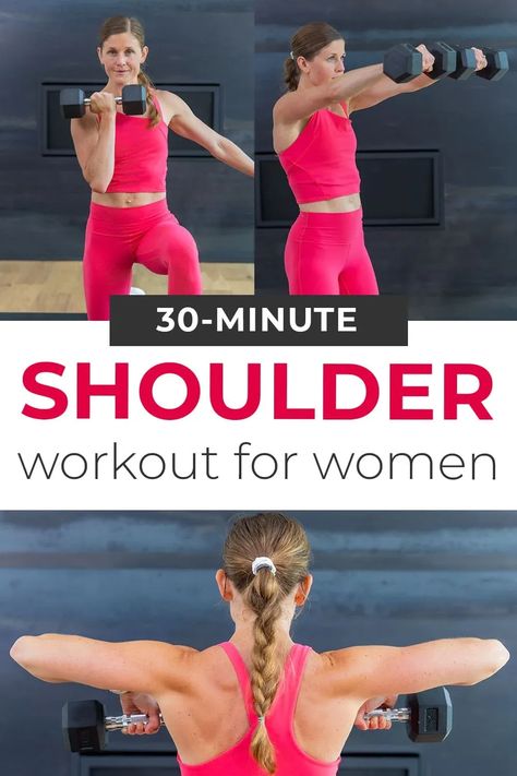 Build strong, sculpted shoulders and arms with this 30-Minute Shoulder Workout for Women! Seven of the BEST dumbbell shoulder exercises at home in a challenging, 30-minute shoulder workout. From shoulder presses to lateral raises, this 30-minute shoulder workout for women specifically targets all heads of the shoulder (but also engages the chest and triceps too). Add this dumbbell shoulder workout to your strength training routine once every couple weeks. Back And Shoulder Workout Dumbell, Dumbbell Shoulder Workout Women, Kettlebell Shoulder Workout, Shoulder Workout Dumbell, Shoulder And Back Workout, Shoulder Workout For Women, Shoulder Exercises For Women, Dumbbell Shoulder Workout, Shoulder Workout Women