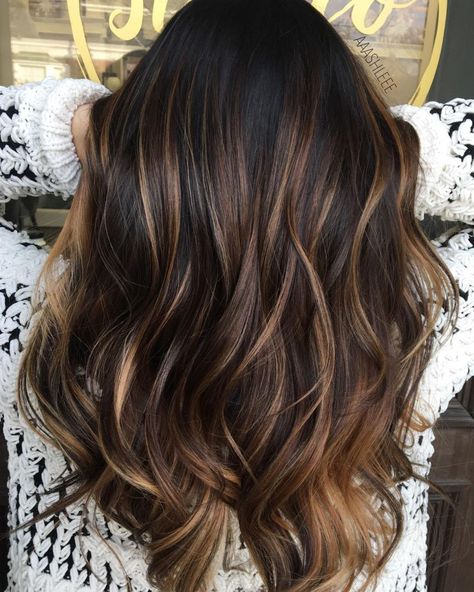 Caramel Balayage With Black Roots Ombré Balayage, Dark Brown Hair Balayage, Highlights For Dark Brown Hair, Brown Hair With Caramel Highlights, 60 Hairstyles, Bronde Hair, Guy Tang, Balayage Hair Dark, Dark Hair With Highlights