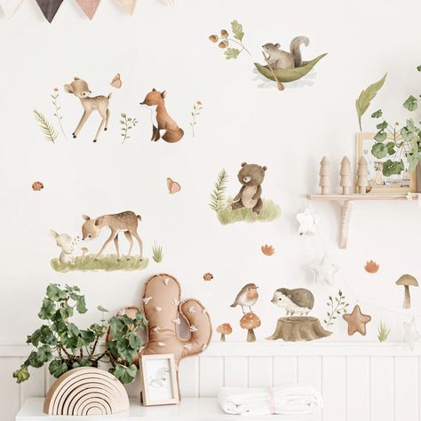 Woodland Animals Deers Bear Floral Watercolor Wall Stickers Nursery Peel And Stick Vinyl Wall Decal Mural Kids Room Home Decor - Wall Stickers - AliExpress Beer Decor, Wall Stickers Animals, Nursery Stickers, Floral Wall Decals, Fox Squirrel, Animal Wall Decals, Watercolor Nursery, Hal Decor, Nursery Wall Stickers