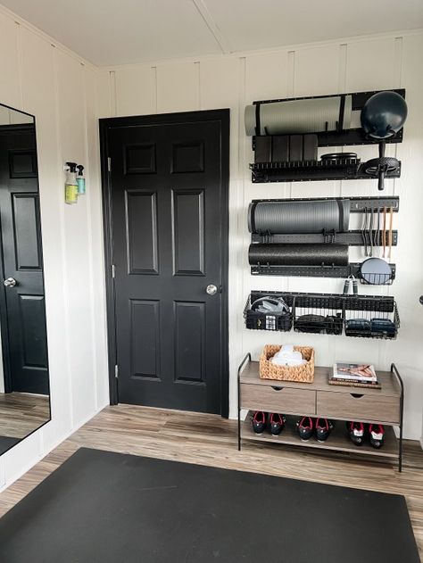 Garage Small Gym, Gym Shelf Ideas, Work Out Area In Garage, Ikea Gym Storage, Garage Gym Conversion, Garage Gym Wall Ideas, Garage Gym Storage, Garage Gym And Workshop, Garage Gym Organization Ideas