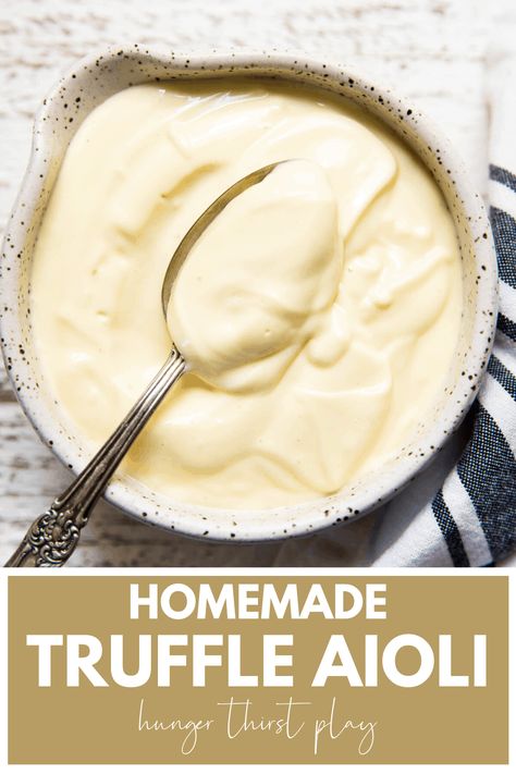 Homemade truffle aioli is the perfect sauce recipe for sandwiches, burgers and more! Truffle aioli or homemade truffle mayo takes simple ingredients and blends them in the food processor into a thick sauce and makes a great thick sauce for dipping french fries or a sauce on burgers. Truffle aioli is great with garlic or roasted garlic. Truffle Ranch Dressing, Garlic Truffle Aoli Recipe, Truffle Burger Recipe, Truffle Mayo Recipe, Truffle Sauce Recipe, Aioli Recipes, Aioli Sauce Recipe, Truffle Mayo, Truffle Aioli