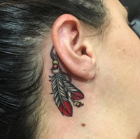 Thorn Ear Tattoo, Native American Ear Tattoo, Behind The Ear Tattoo Ideas Unique, Behind The Ear Tattoo Ideas For Men, Native Feather Tattoos, Feather Tattoo Behind Ear, Ear Tattoos For Men, Behind Ear Tattoo Men, Back Ear Tattoo