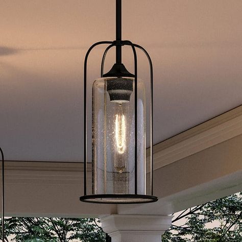 Luxury Farmhouse Outdoor Pendant, 15.375"H x 7.5"W, with Industrial Luxe Style, Midnight Black, BWP1303 by Urban Ambiance - On Sale - Bed Bath & Beyond - 37591787 Stairway Lighting Hanging Farmhouse, Farmhouse Outdoor, Outdoor Chandelier, Outdoor Pendant Lights, Farmhouse Pendant Lighting, Outdoor Pendant Lighting, Modern Farmhouse Exterior, Outdoor Light Fixtures, Outdoor Light