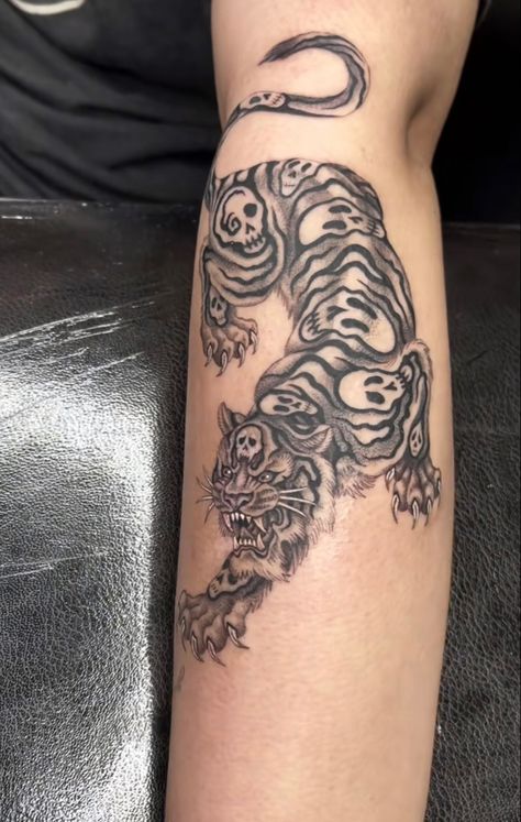 Tiger Skeleton Tattoo, Tiger And Panther Tattoo, Tiger Skull Tattoo, White Tiger Tattoo, Leg Tats, Magic Runes, Torso Tattoos, Wicked Tattoos, Quality Tattoo