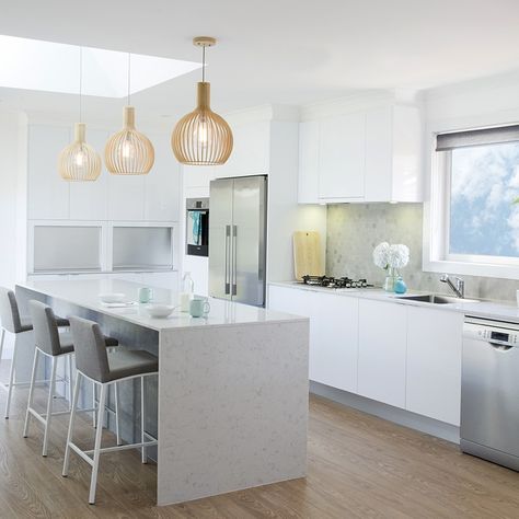 Silestone Lagoon, Featured in The Block Challenge House 2 Kitchen Kitchen Plans Layout, The Block Kitchen, Airy Kitchen, Painting Kitchen Cabinets White, Kitchen Design Images, Popular Kitchen Designs, Kitchen Design Gallery, Kitchen Lights, Kitchen Pendant