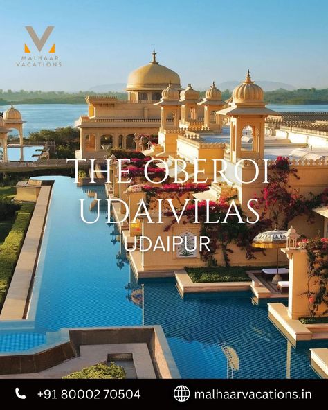 Fall in love with the charm of the “City of Lakes” while staying at The Oberoi Udaivilas, the best hotel in Udaipur. Located on the banks of Lake Pichola, our 5-star hotel spans over 121,406 square meters of lush gardens, featuring an intricate layout of interconnecting domes and corridors that mirror Udaipur’s seven interconnected lakes. GET THE BEST DEALS ON UDAIVILAS BY OBEROI AND OTHER LUXURY STAYS ✨. . 📞 Call us / Whatsapp on 8000270504 BOOK NOW WITH MALHAAR VACATIONS! . . #holidays #ho... Udaivilas Udaipur, Oberoi Udaivilas, Oberoi Hotels, Star Hotel, Udaipur, My Vision Board, Lush Garden, Square Meter, Luxury Hotels