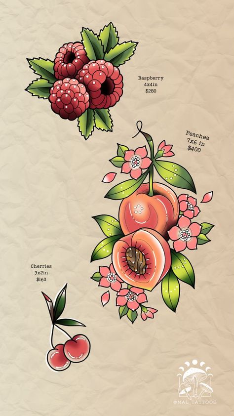 Neo Trad Nature Tattoo, Neo Traditional Fruit Tattoo, Raspberry Tattoo Design, Strawberry Slice Drawing, Japanese Peach Tattoo, Traditional Strawberry Tattoo, Fruits Tattoo, Neotraditional Flower Tattoo, Berries Tattoo