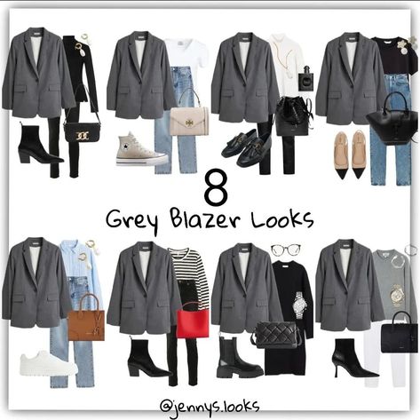 Grey Jacket Women Outfit, Grey Blazer With Jeans Women Outfit, Women’s Grey Blazer Outfit, Outfit With Grey Blazer For Women, Autumn Outfits Blazer, Grey Blazer Styling Women, Grey Shirt Women Outfit, Gray Cropped Blazer Outfit, Outfits With Grey Blazers For Women