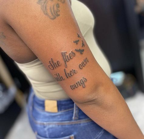 Upper Arm Tattoos For Women Quote, Four Arm Tattoos For Women Quotes, Inner Arm Tattoos For Women Quotes, Black Women Upper Arm Tattoos, Top Arm Tattoo Women, Scripture Tattoos Black Women Forearm, No Risk No Story Tattoo, Meaningful Word Tattoos, Couples Tattoo