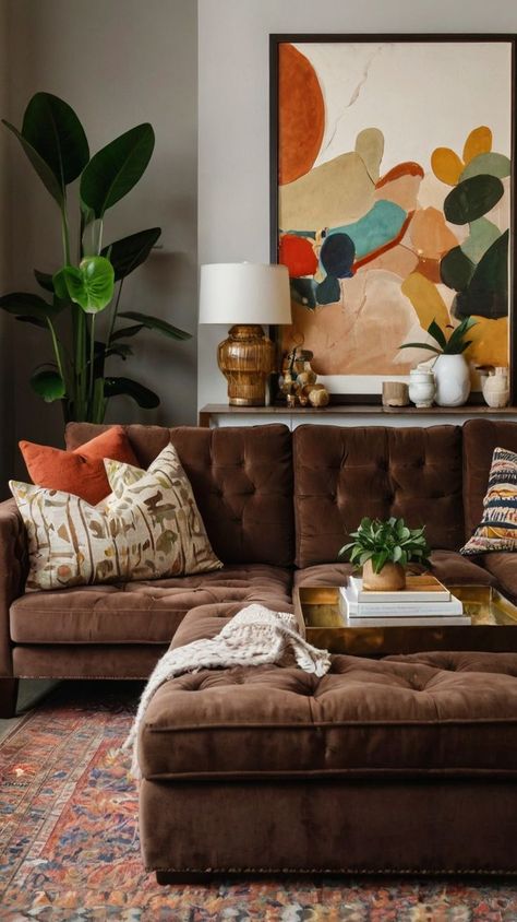 Brighten up your space with these 17 chocolate brown couch living room ideas featuring vibrant accents. From colorful pillows to bold area rugs, these tips show how to add personality and energy to your room while keeping the warm tones of your couch as the focal point. Brown Couch Colorful Living Room, Eclectic Couch Pillows, Chocolate Couch Living Room, Mocha Couch Living Room, Dark Beige Couch Living Room, Interior Design Living Room Colorful, Brown And Orange Living Room Ideas, Colorful Couch Living Room, Brown Couch Aesthetic