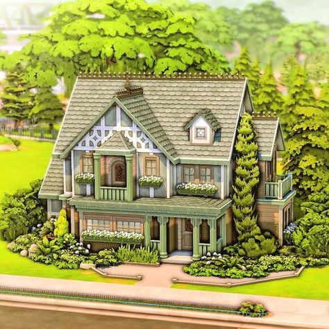 Colorful Sims 4 House, Sims 4 Landscape Ideas, Sims 4 Mint House, Sims 4 House Building Step By Step, Green House Sims 4, Sims 4 Front Yard, Sims 4 Cottages, Sims 4 Summer House, Sims 4 Cottage Interior