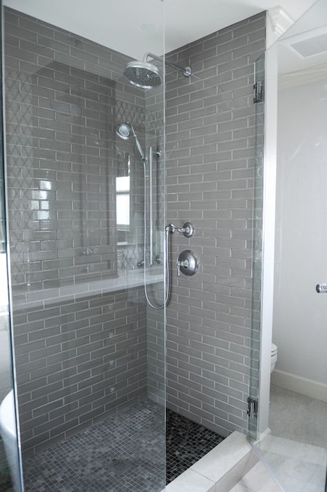 Grey Shower Surround, Contemporary, bathroom, Enviable Designs Subway Tile Shower Designs, Gray Shower Tile, Subway Tile Showers, Gray And White Bathroom, Farmhouse Shower, Tile Remodel, Bathroom Shower Tile, Shower Surround, Shower Tile Designs