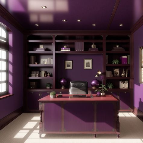 Purple work office room design. Colors, Canonical aubergine. Beautiful interior design. Follow us and visit our site for more amazing content! #crafts #artwork #sketchbook #minimalist #digitalart #interior #homedecor #boho #prompt #photo #diffusion #creative #modern #interiordesign #watercolor Purple And Grey Office Ideas, Purple And Gold Office, Dark Purple Office, Purple Office Ideas, Purple Library, Purple Home Office, Sims Bedroom, Library Vibes, Office Purple