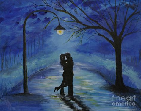 standing under the sky jut u and me Night Kiss, Romantic Artwork, Moon Artwork, Couple Painting, Hugging Couple, Painting Canvases, Painting Artist, One Love, Romantic Art