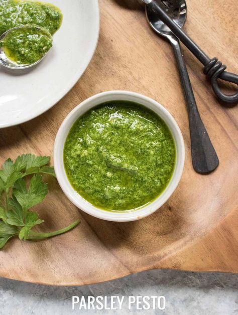 Parsley Pesto Recipe | SoupAddict Flat Leaf Parsley Recipes, Parsley Pesto Recipe, Pan Sauce For Chicken, Over Roasted Potatoes, Bread Dips, Recipes Pesto, Plan 2023, Parsley Recipes, Parsley Pesto