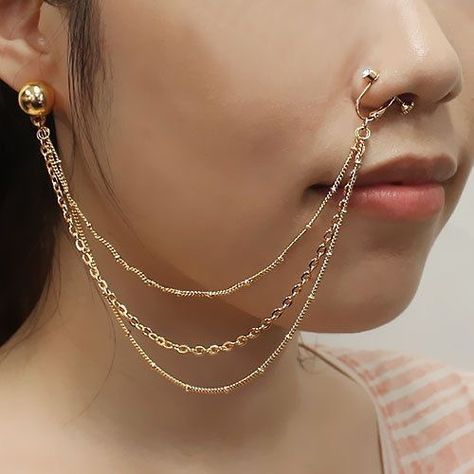 Nose To Ear Chain, Faux Nose Ring, Pierced Nose, Double Ear Piercings, Geode Jewelry, Septum Nose, Nose Earrings, Fake Nose Rings, Ear Chain