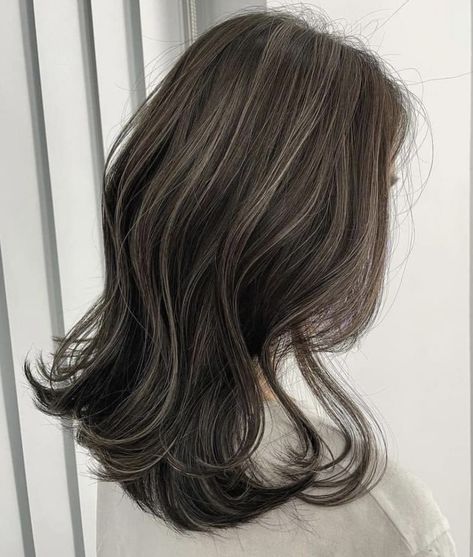 Textured Layers Haircut, Light Highlights For Black Hair, Highlight Inspo For Dark Hair, Layered Black Hair With Highlights, Layered Hair With Highlights Brunettes, Dark Brown With Cool Tone Highlights, Smokey Beige Balayage, Ash Beige Highlights On Dark Hair, Asian Babylights