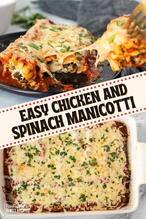 This easy chicken and spinach manicotti is a crowd-pleasing pasta bake that’s perfect for gatherings or a comforting family meal. The stuffed manicotti shells are loaded with a creamy mixture of shredded chicken, fresh spinach, and cheeses, then baked in marinara sauce for a cheesy, flavorful dish. This recipe is a great way to enjoy a satisfying Italian-inspired dinner that everyone will love! Chicken Spinach Manicotti Recipe, Stuffed Manicotti Shells, Chicken And Spinach Manicotti, Manicotti Shells, Chicken Manicotti, Spinach Manicotti, Stuffed Manicotti, Homemade Spaghetti Sauce Recipe, Manicotti Recipe