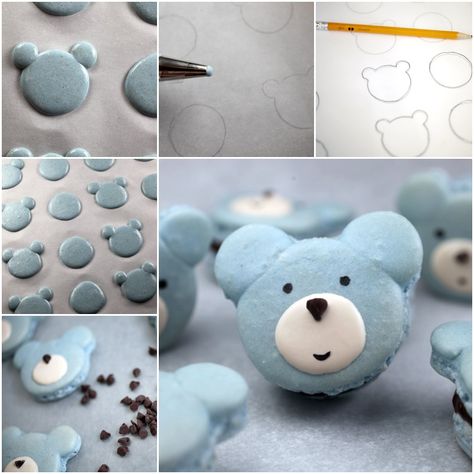 Bear Macaron Template, Teddy Bear Macarons, Bear Macarons, Macaron Template, Paper Flower Wall Art, Teddy Bear Cookies, Swiss Roll Cake, Aluminum Can Crafts, Macaron Cookies