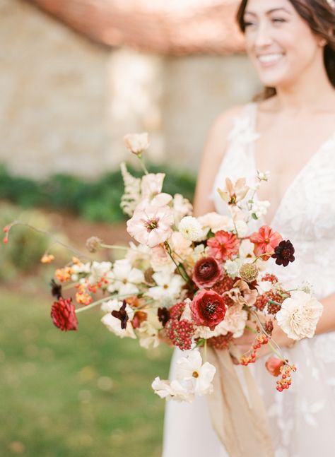 Joyful Fall Wedding at Holman Ranch with incredible florals | Carmel Valley Real Weddings Vibrant Fall Wedding, Engagement Dinner, Autumn Tones, Carmel Valley, Northern California Wedding, Ruby Rose, Warm Autumn, Bride Bouquets, Wedding Gallery