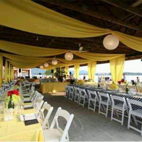 Cloth swag/lanterns - from theknot.com Picnic Shelter, Wedding Reception Planning, Pavilion Wedding, Reception Look, Picnic Style, Yellow Wedding, Wedding Reception Decorations, Paper Lanterns, Wedding Locations