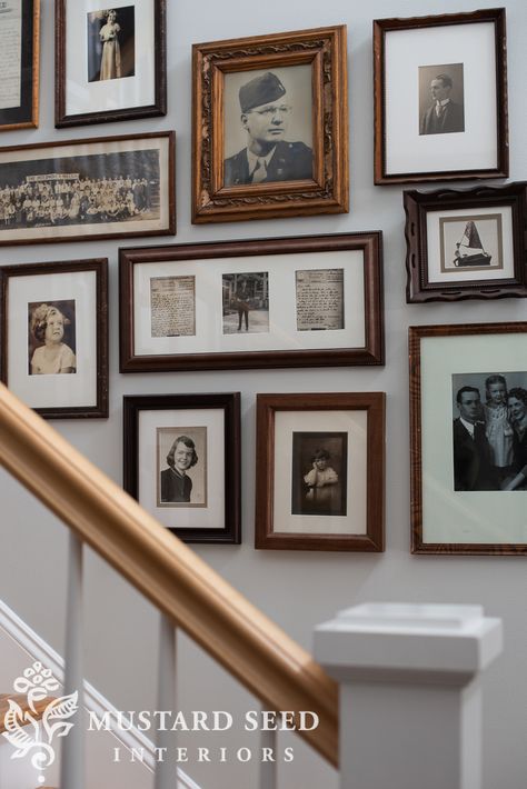 Vintage Portrait Gallery Wall, Wall Decor Picture Frames, Ancestry Wall, Family Photo Gallery Wall, Family Gallery Wall, Picture Arrangements, Art Framing, Stair Wall, Display Family Photos