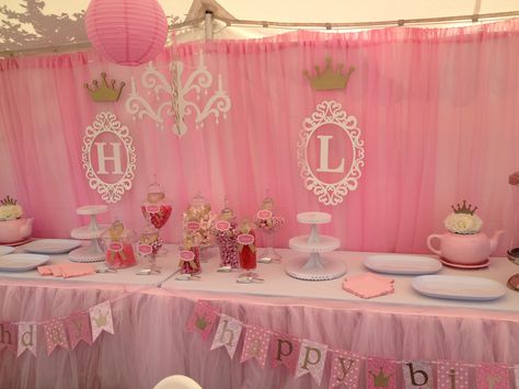 Princess 1st birthday party for our twins! Twincess 1st Birthday, Avengers Birthday Card, Candy Party Ideas, Sweet Table Decorations, First Birthday Wishes, 1st Birthday Princess, Princess Birthday Decorations, Girl Shower Decorations