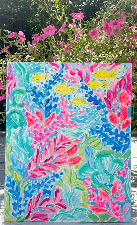 Original Artwork Unframed 16x20 Painting, Coral Reef Painting, Ocean Art, Colorful Abstract Art, Preppy Artwork, Colorful Wall Art - Etsy Aesthetic Artwork Painting, Bright Color Paintings Ideas, Painting To Do On Canvas, Coral Painting Easy, Coral Reef Painting Easy, Abstract Art Acrylic, Coral Reef Painting, Preppy Painting Abstract, Ocean Painting Ideas