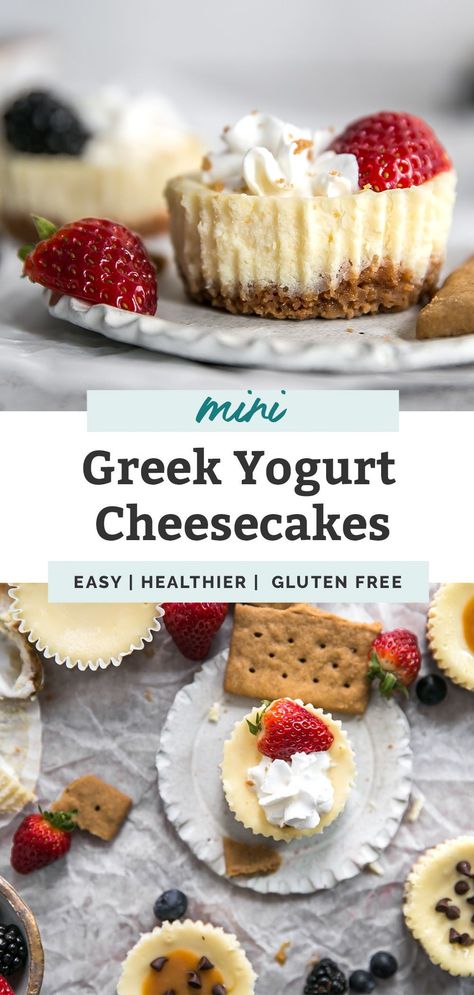 Low Fat Cheesecake, Mini Cheesecakes Recipe, Gluten Free Cheesecake Recipes, Graham Cracker Dessert, Healthy Cheesecake Recipes, Dessert Gluten Free, Greek Yogurt Cheesecake, Yogurt Cheesecake, Fit Mitten Kitchen