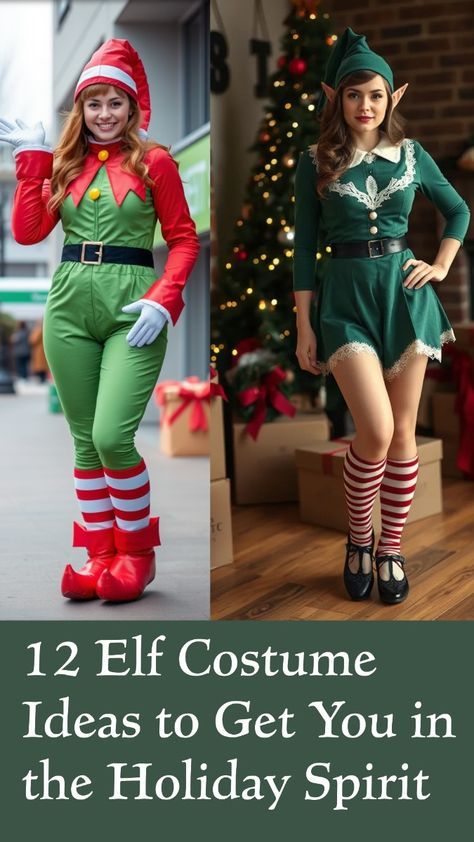 Diy Elf Costume Women Christmas, Womens Elf Costume Christmas Diy, Elf Costume Ideas Diy, Easy Christmas Character Outfit Ideas, Diy Elf Costume Women, Christmas Party Costume Themes, Elf Outfit Women, Elf Costume Diy, Elf Costume Ideas