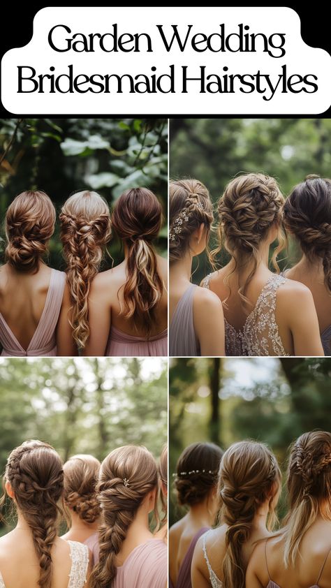 Bridesmaids with elegant hairstyles at a garden wedding, featuring soft updos, natural waves, and chic braids. Beachy Bridesmaid Hairstyles, Bridesmaid Hairstyles Flowers, Bridesmaid Hair With Flowers, Garden Party Wedding Bridesmaid, Summer Bridesmaid Hair, Wedding Bridesmaid Hairstyles, Bridesmaid Hairstyle Ideas, Bridesmaid Hair Flowers, Garden Wedding Hairstyles