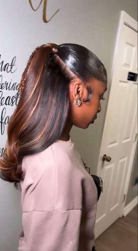 #follow #hairgoals #hairstyles #hair #ponytail #beautyblog #blogging #blog #blogger Straight Back Half Up Half Down, Half Up Half Down Hair Colored Hair, Half Uo Half Down Hair Styles Black Women, 16 Inch Half Up Half Down, Half Up Half Down Sewn In, Push Back Half Up Half Down Weave, Slick Ponytail Half Up Half Down, Low Pony Half Up Half Down Hair Black Women, Low Half Up Half Down Hair Black Women Quick Weave