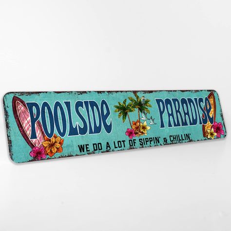 Pool Signs Outdoor, Tiki Backyard, Backyard Signs, Chico California, Pool Signs, Backyard Bar, Farm Signs, Pool Decor, Tropical Decor