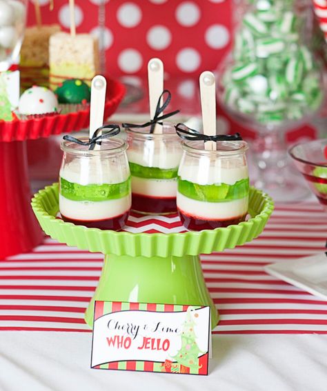 Whimsical Grinch Inspired Who liday Party Grinch Themed Main Dishes, Grinch Tea Party, Grinch Jello Cups, Adult Grinch Party, Whoville Baby Shower Ideas, Whoville Party Ideas, The Grinch Party Ideas, How The Grinch Stole Christmas Party, Grinch Themed Baby Shower Ideas