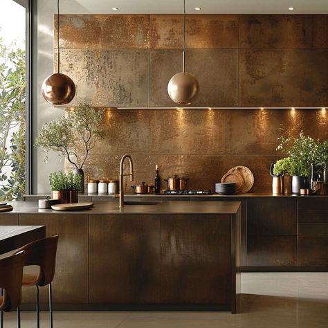 18+ Best Kitchen Designs That Perfectly Blend Industrial Elements with Comfort • 333+ Art Images Copper Wood Kitchen, Brass Bar Top, Copper Accents Kitchen, Metallic Interior Design, Kitchen Ideas 2024, Sheet Metal Backsplash, Kitchen With Tv, Modern Copper Kitchen, Modern Industrial Interior Design