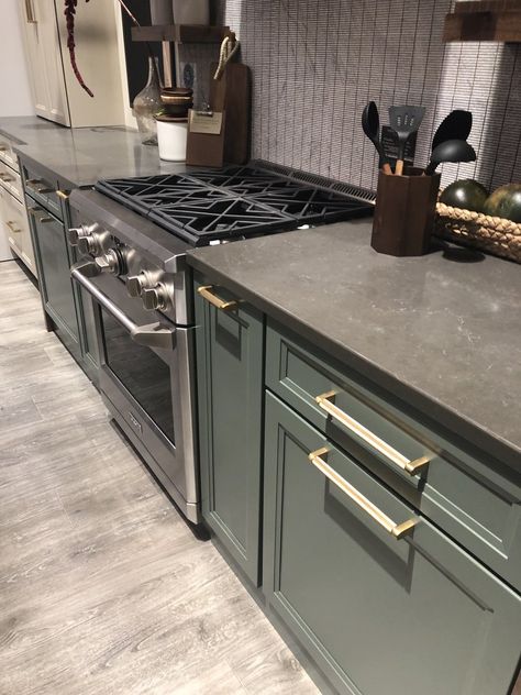 Gray Kitchen Countertops, Colored Cabinets, Moody Kitchen, Dark Green Kitchen, Kitchen Cabinet Color Ideas, Grey Kitchen Floor, Dark Grey Kitchen, Green Kitchen Cabinets, Grey Countertops