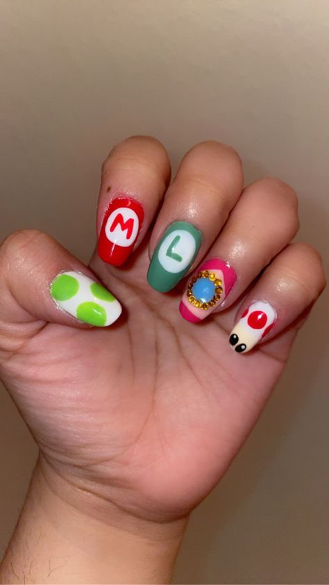 Mario Acrylic Nails, Mario Themed Nails, Super Mario Bros Nails, Mario Kart Nails, Super Mario Nails, Mario Nails, Peach Nail Art, Lexi Nails, Teen Nails