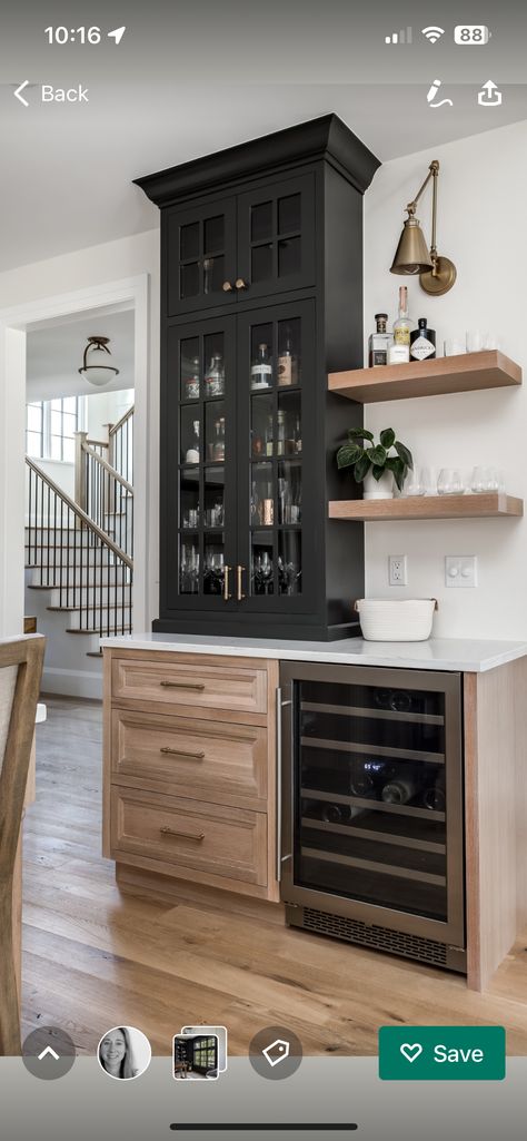 Basement Dry Bar With Seating, Black Accent Cabinet In Kitchen, Coffee Bar With Prep Sink, Basement Dry Bar With Fridge, Built In Beverage Station, Bar In Dining Room Ideas, Small Dry Bar, Built In Bar In Living Room, Mini Bar Ideas Small Spaces