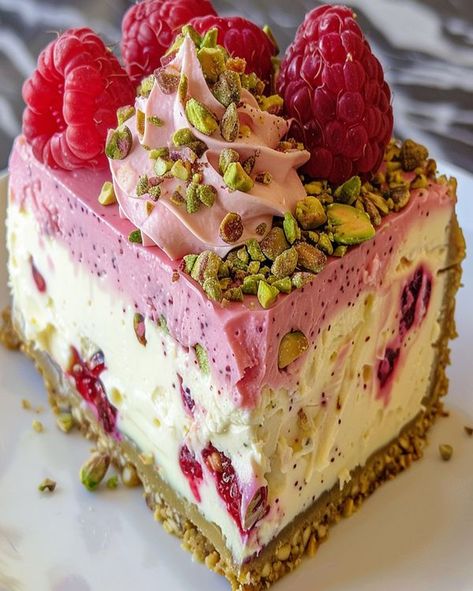 recipes tower community | Crunch Pistachio Raspberry Cheesecake | Facebook Recipes Tower, Pistachio Cheesecake Recipe, Pistachio Raspberry, Unique Sweets, Cheesecake Ingredients, Raspberry Swirl Cheesecake, Pistachio Cheesecake, Pistachio Butter, Cheesecake Recipes Classic