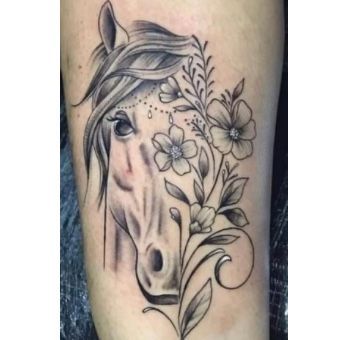 Horse Head With Flowers Tattoo, Horse And Flower Tattoo, Horse Face Tattoo, Sam Tattoo, Calf Tattoos For Women, Cycling Tattoo, Classy Tattoos For Women, Horse Tattoos, Running Tattoo