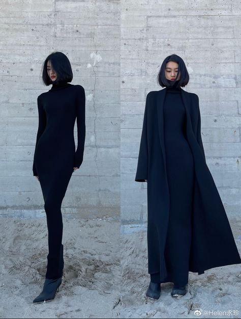 All Black Fits Women, Long Line Outfits, Chic Winter Dress, Feminine Inverted Triangle Outfits, All Black Outfit Formal Classy, Turtle Neck And Long Skirt Outfit, Skims Long Sleeve Dress Styled, Classy Female Outfits, Fantasy Modern Outfit