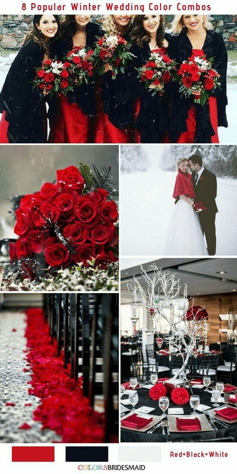 black white red winter wedding Black Winter Wedding, Black Wedding Decor, Winter Wedding Color Palette, Wedding Color Scheme, Wedding Color Combinations, Snowy Wedding, Red And White Weddings, Red Wedding Theme, White Winter Wedding