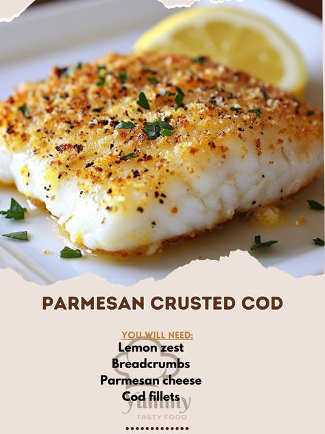 🧀🍋 Savor the crisp and cheesy perfection of Parmesan Crusted Cod! A simple, delicious dish! 🍽️ #ParmesanCod #SeafoodLovers Parmesan Crusted Cod Ingredients: Cod fillets (4) Parmesan cheese (1/2 cup, grated) Breadcrumbs (1/2 cup) Lemon zest (1 tbsp) Olive oil (2 tbsp) Salt and pepper (to taste) Instructions: Preheat oven to 400°F (200°C). Mix Parmesan, breadcrumbs, and lemon zest. Season cod with salt and pepper. Coat fillets with the Parmesan mixture and drizzle with olive oil. Bake for 1... Parmesan Crusted Cod, Crusted Cod, Cod Fillets, Cod Recipes, Parmesan Crusted, Parmesan Cheese, Lemon Zest, Quick Dinner, Bread Crumbs